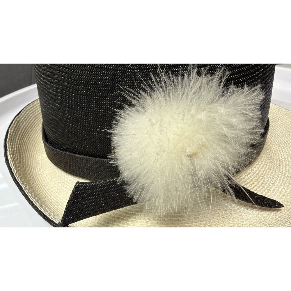 Vintage Mr John Classic Hat Black Ivory Straw Fedora delicate Pom Pom NY Paris - Picture 4 of 16